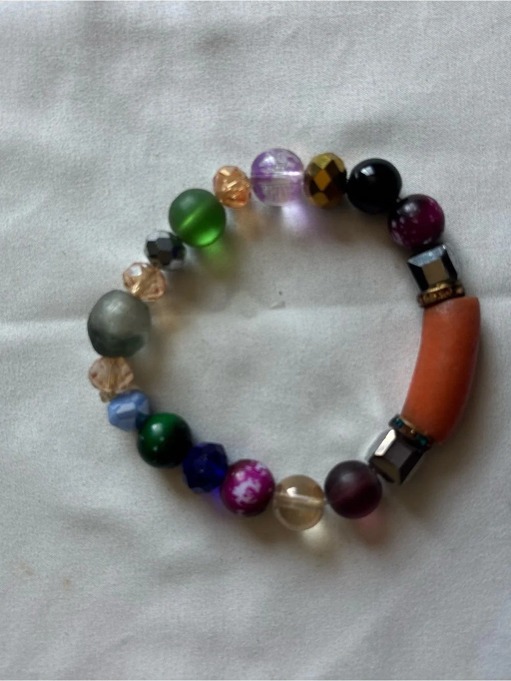 Multicolor Beaded Stretch Bracelet with Orange Accent